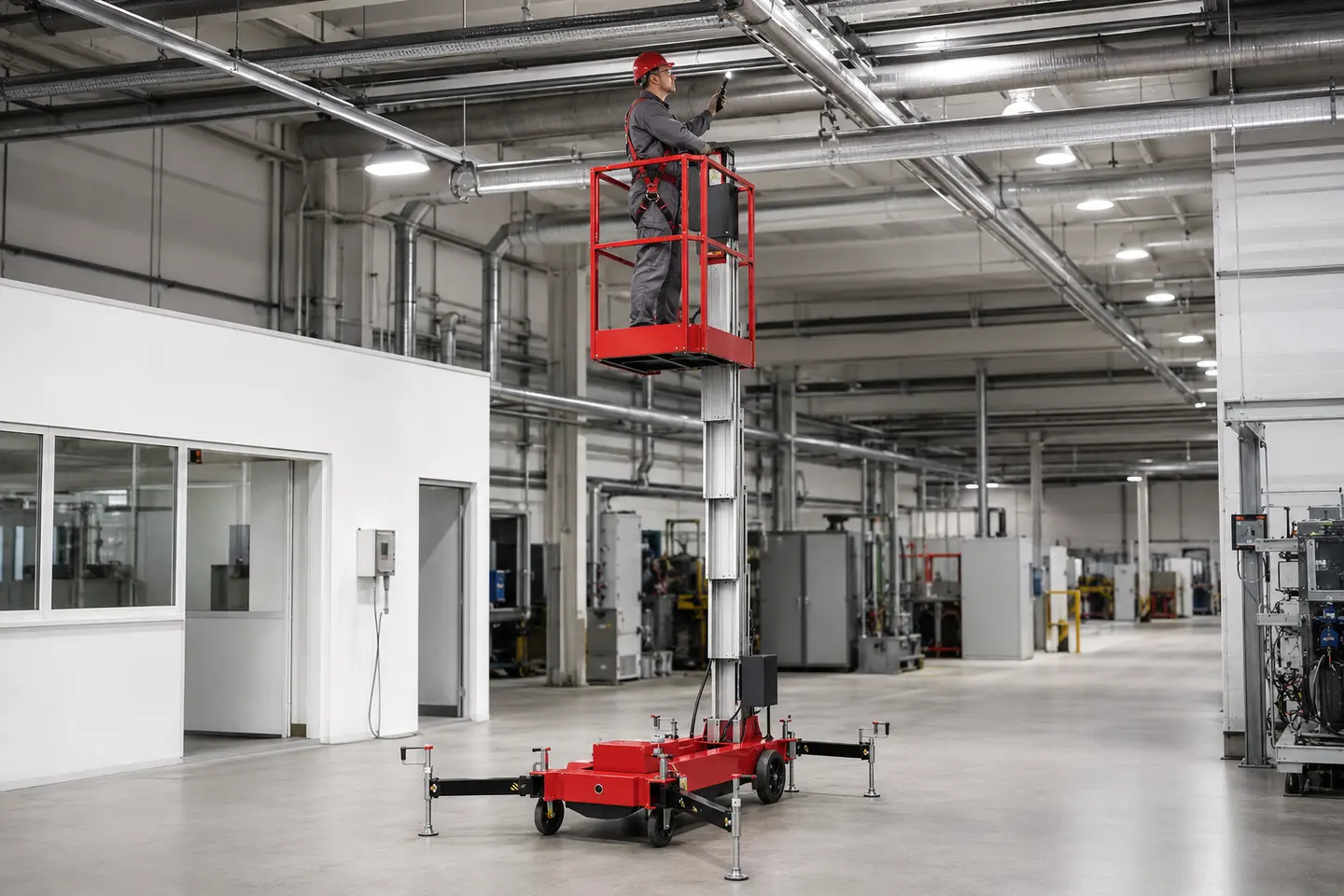 Técnico trabajando de forma segura en una plataforma aérea